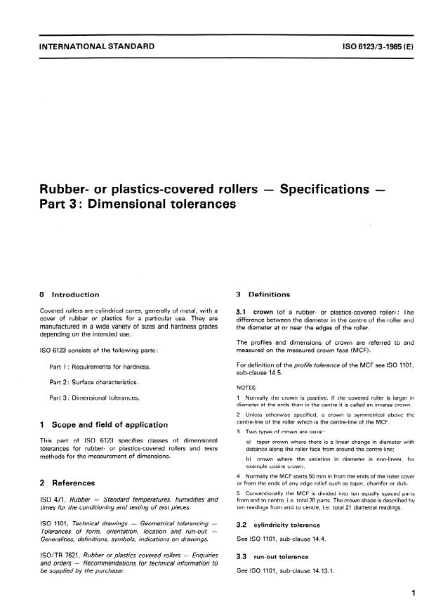 ISO 6123-3:1985 - Rubber- or plastics-covered rollers -- Specifications
