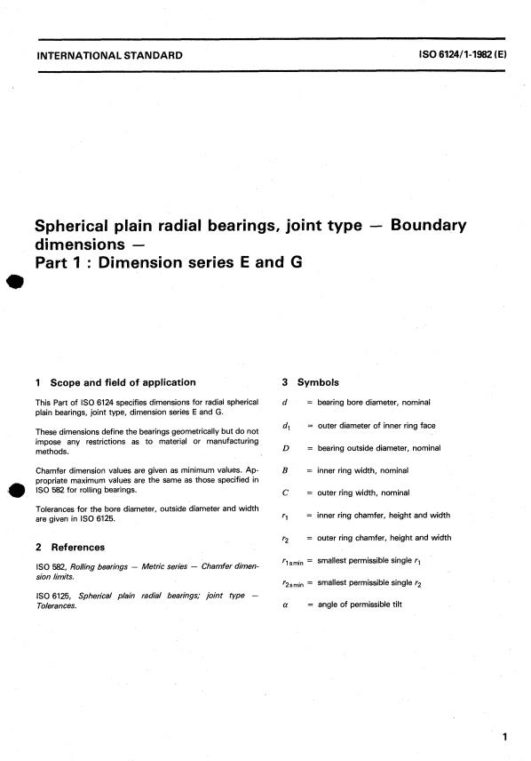 ISO 6124-1:1982 - Spherical plain radial bearings, joint type -- Boundary dimensions