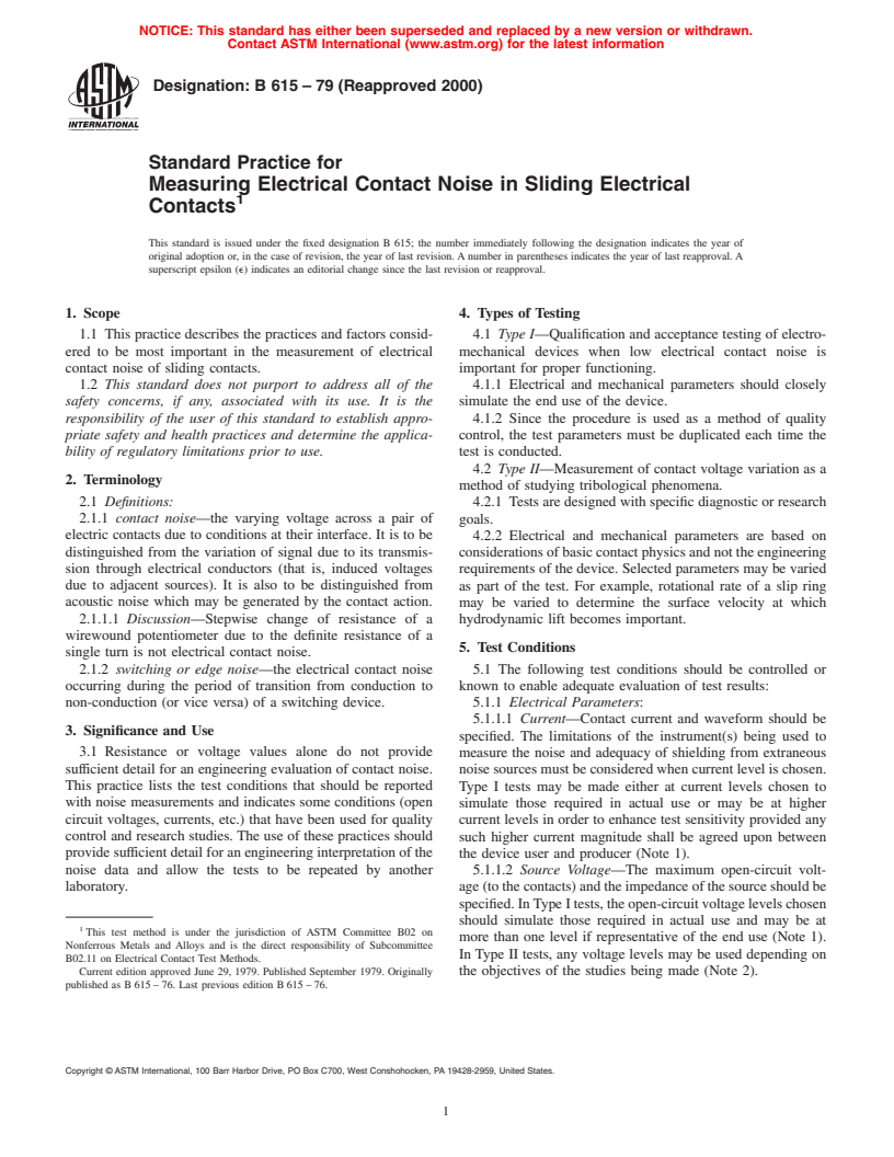 ASTM B615-79(2000) - Standard Practice for Measuring Electrical Contact Noise in Sliding Electrical Contacts