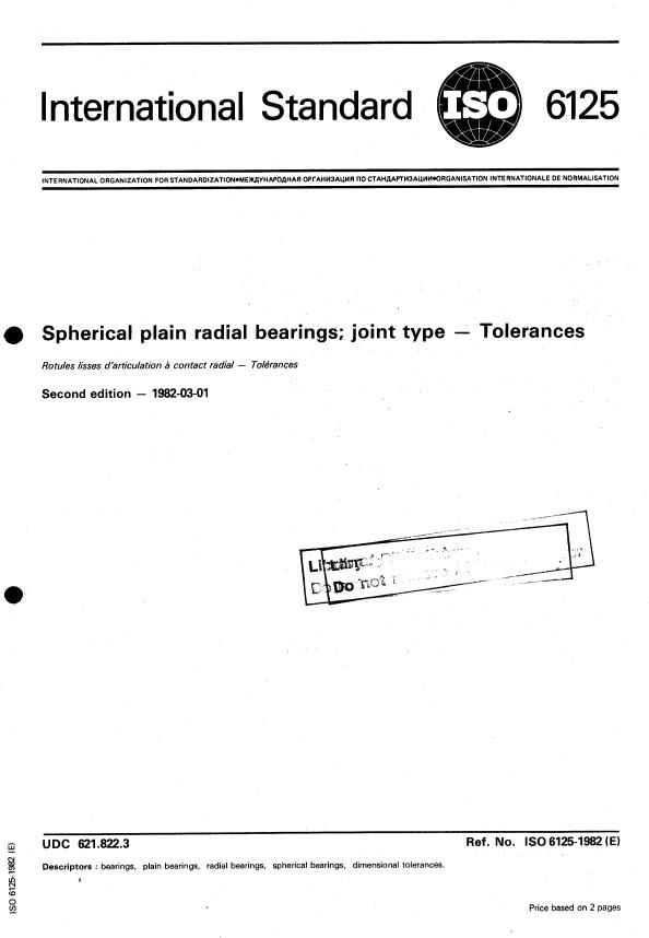 ISO 6125:1982 - Spherical plain radial bearings; joint type -- Tolerances