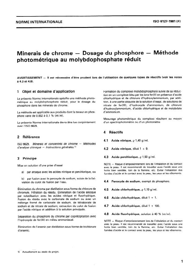 ISO 6127:1981 - Minerais de chrome -- Dosage du phosphore -- Méthode photometrique au molybdophosphate réduit