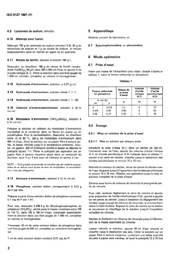 ISO 6127:1981 ISO 6127:1981 - Minerais de chrome -- Dosage du phosphore -- Méthode photometrique au molybdophosphate réduit - Page 4 preview