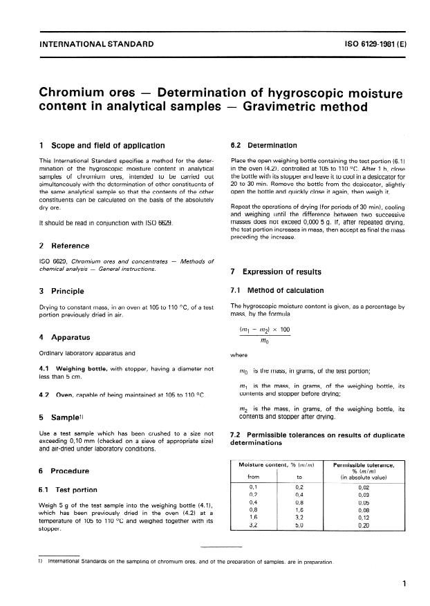ISO 6129:1981 - Chromium ores -- Determination of hygroscopic moisture content in analytical samples -- Gravimetric method