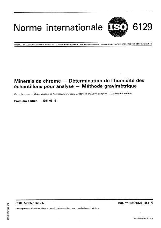 ISO 6129:1981 - Minerais de chrome -- Détermination de l'humidité des échantillons pour analyse -- Méthode gravimétrique