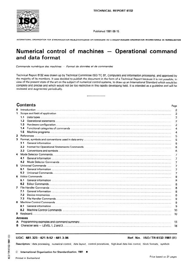 ISO/TR 6132:1981 - Numerical control of machines -- Operational command and data format