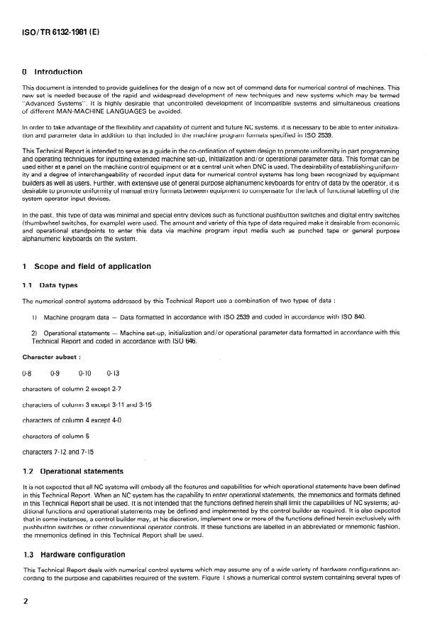 ISO/TR 6132:1981 ISO/TR 6132:1981 - Numerical control of machines -- Operational command and data format - Page 2 preview