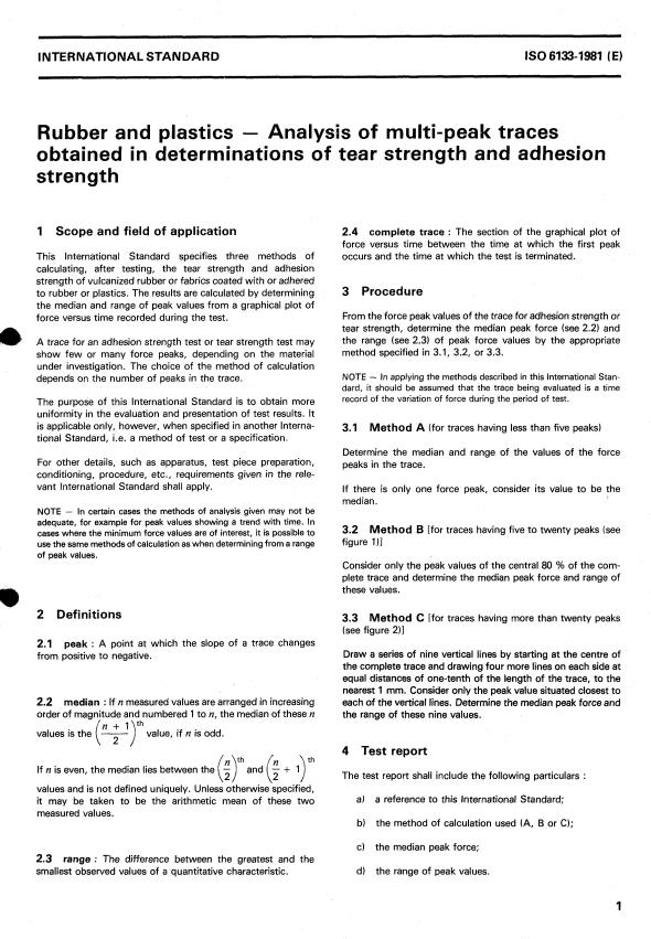 ISO 6133:1981 - Rubber and plastics -- Analysis of multi-peak traces obtained in determinations of tear strength and adhesion strength