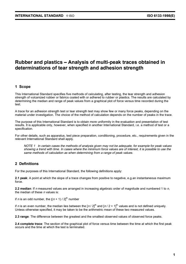 ISO 6133:1998 - Rubber and plastics -- Analysis of multi-peak traces obtained in determinations of tear strength and adhesion strength