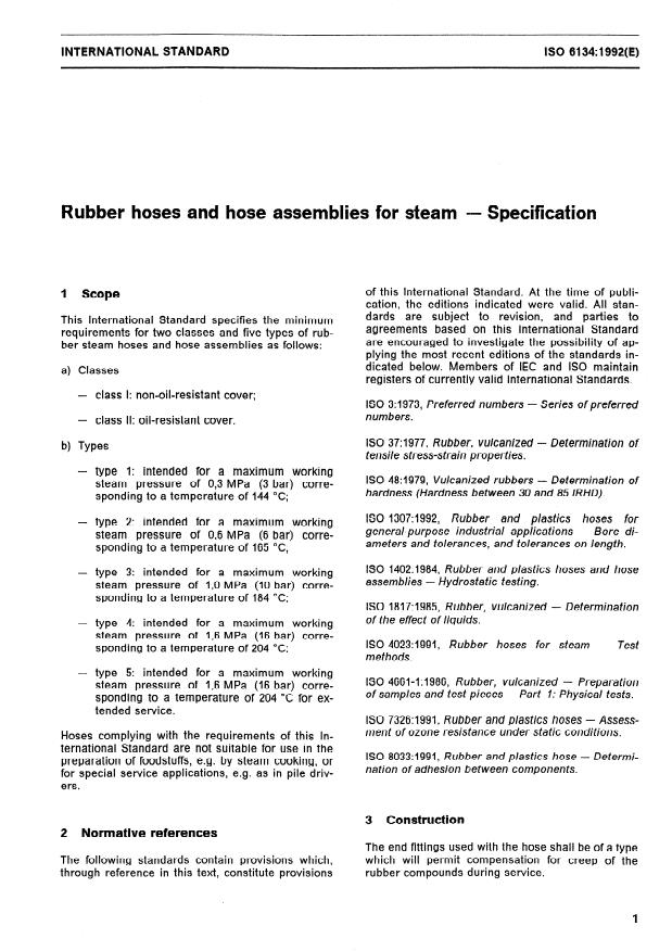 ISO 6134:1992 - Rubber hoses and hose assemblies for steam -- Specification
