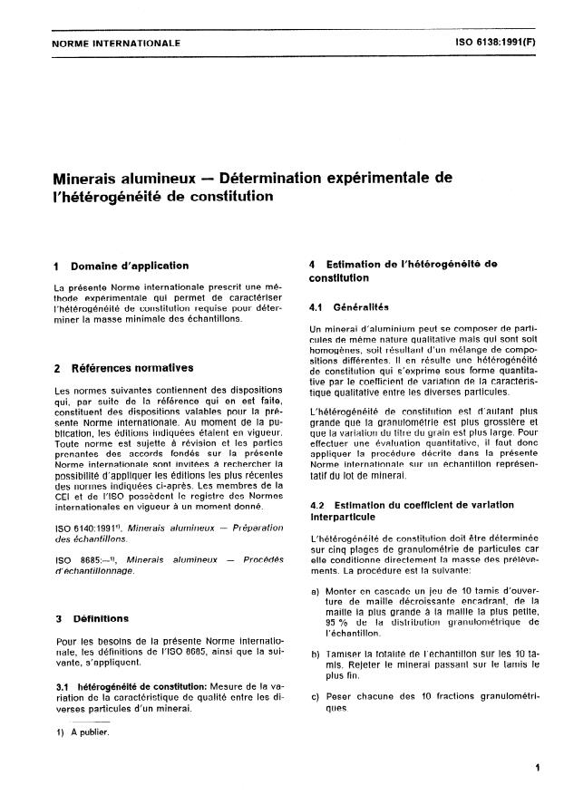 ISO 6138:1991 - Minerais alumineux -- Détermination expérimentale de l'hétérogénéité de constitution