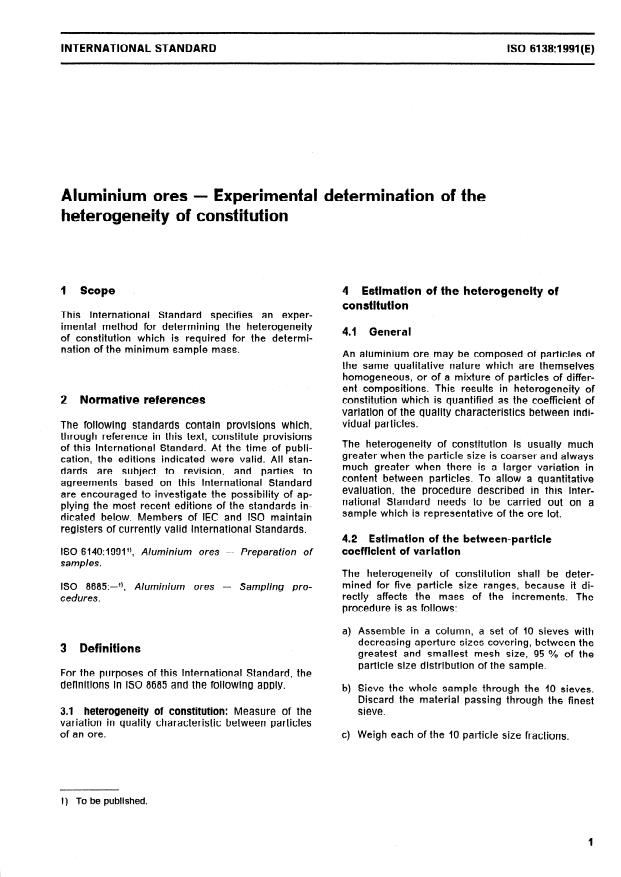 ISO 6138:1991 - Aluminium ores -- Experimental determination of the heterogeneity of constitution
