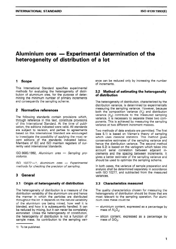 ISO 6139:1993 - Aluminium ores -- Experimental determination of the heterogeneity of distribution of a lot