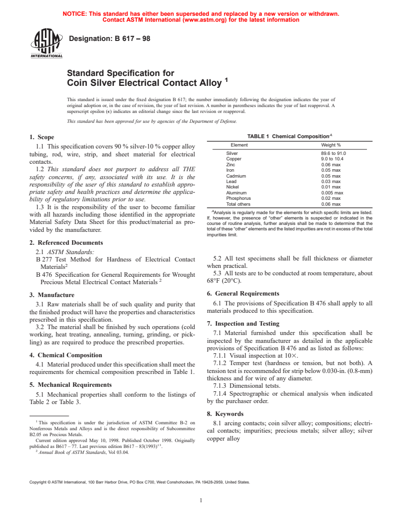 ASTM B617-98 - Standard Specification for Coin Silver Electrical Contact Alloy