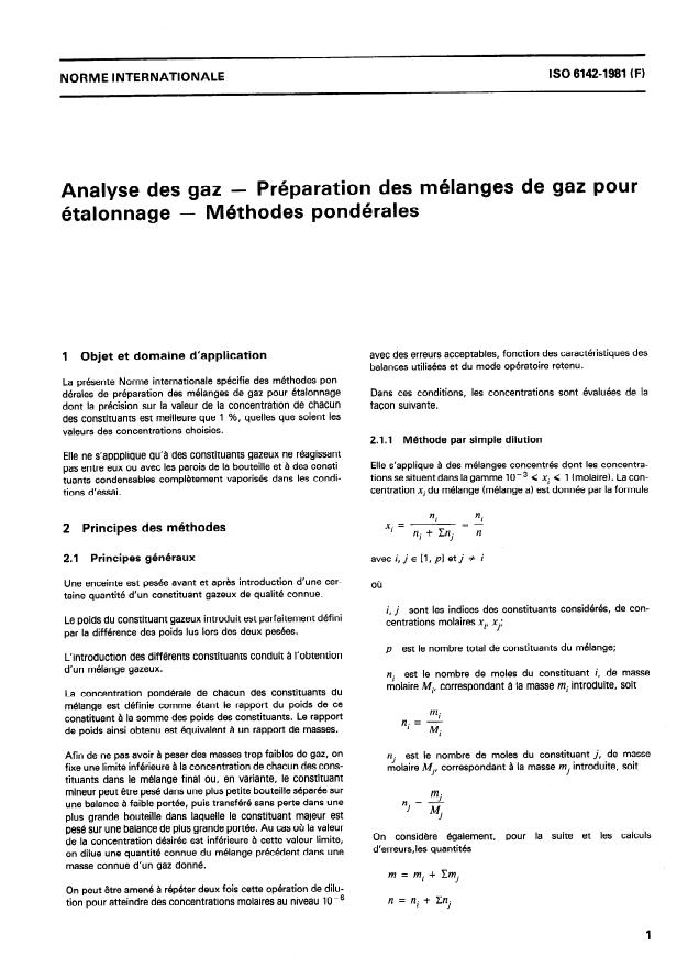 ISO 6142:1981 - Analyse des gaz -- Préparation des mélanges de gaz pour étalonnage -- Méthodes pondérales
