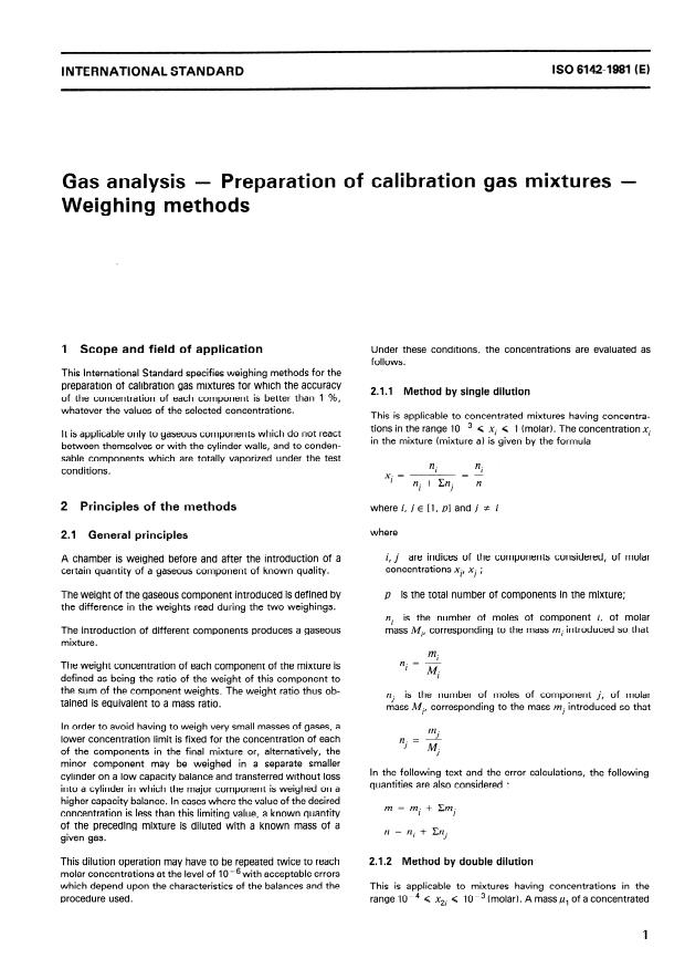 ISO 6142:1981 - Gas analysis -- Preparation of calibration gas mixtures -- Weighing methods