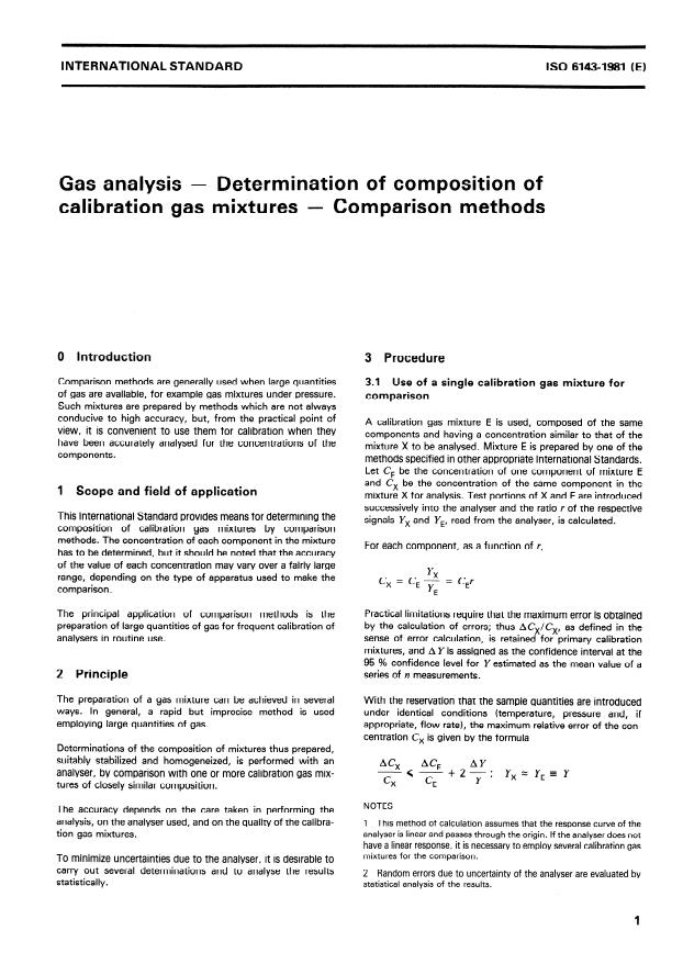 ISO 6143:1981 - Gas analysis -- Determination of composition of calibration gas mixtures -- Comparison methods