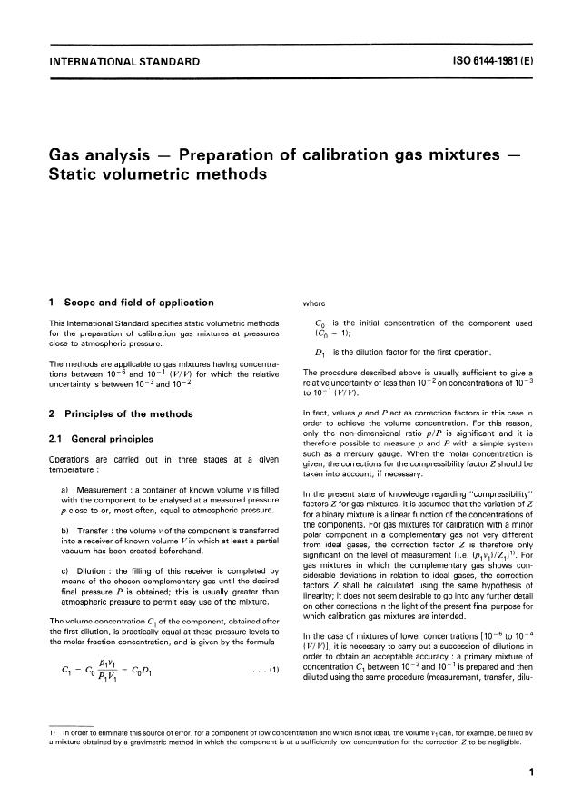 ISO 6144:1981 - Gas analysis -- Preparation of calibration gas mixtures -- Static volumetric methods