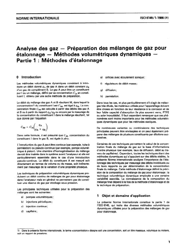 ISO 6145-1:1986 - Analyse des gaz -- Préparation des mélanges de gaz pour étalonnage -- Méthodes volumétriques dynamiques