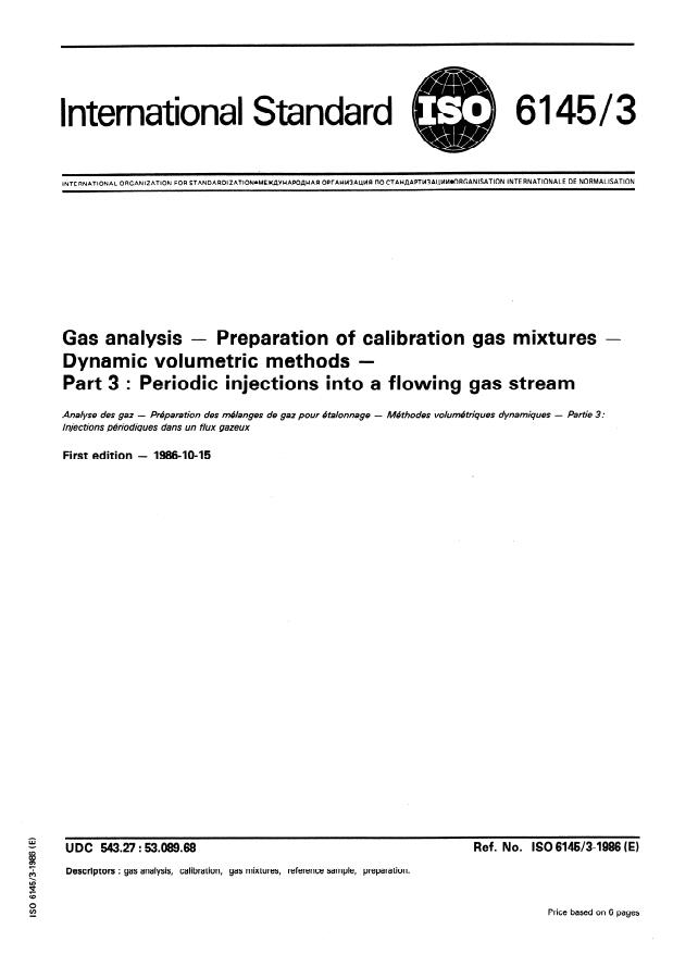 ISO 6145-3:1986 - Gas analysis -- Preparation of calibration gas mixtures -- Dynamic volumetric methods
