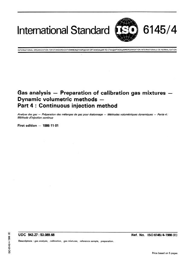 ISO 6145-4:1986 - Gas analysis -- Preparation of calibration gas mixtures -- Dynamic volumetric methods