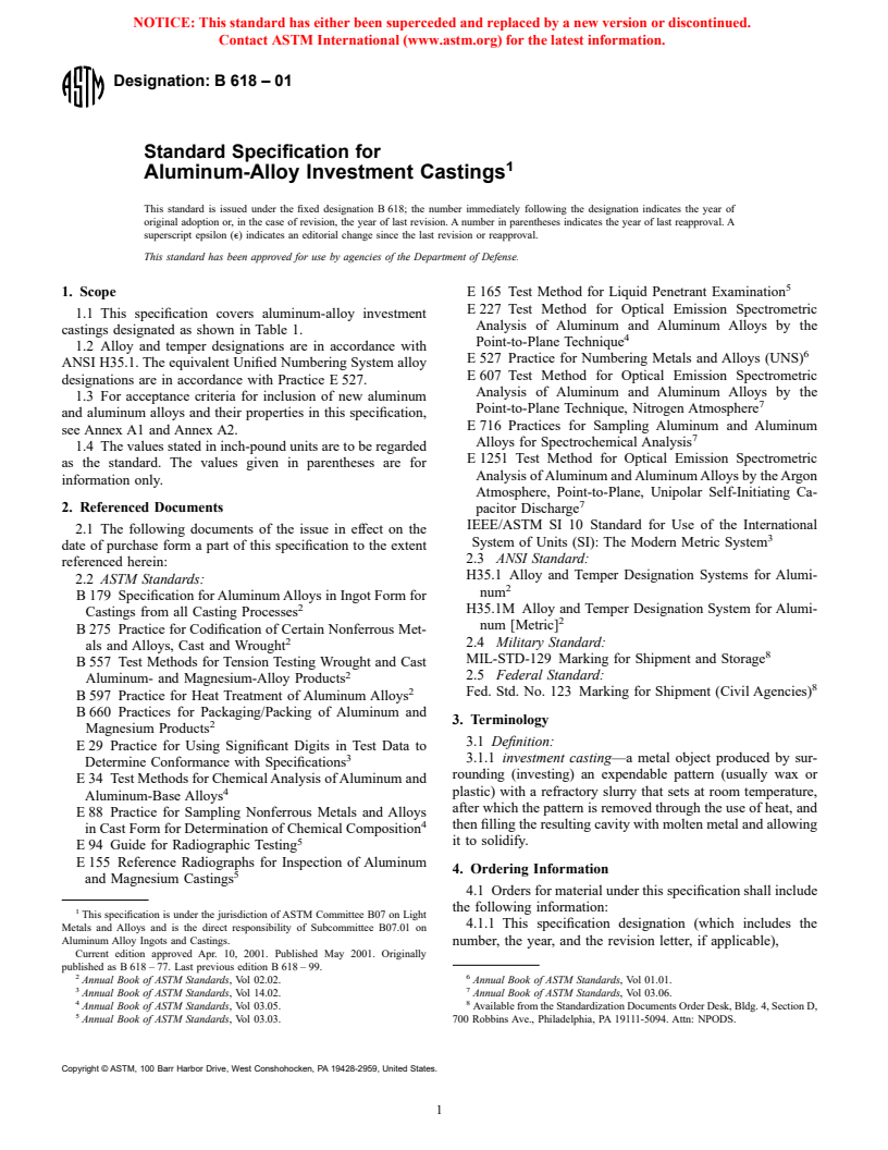 ASTM B618-01 - Standard Specification for Aluminum-Alloy Investment Castings