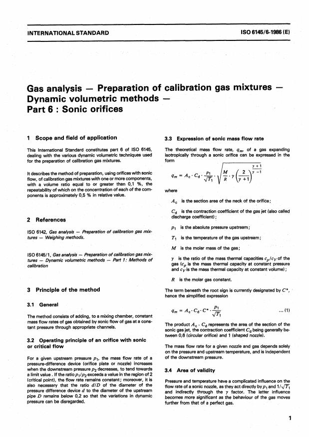 ISO 6145-6:1986 - Gas analysis -- Preparation of calibration gas mixtures -- Dynamic volumetric methods