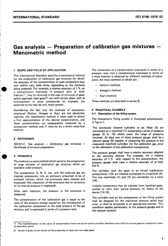 ISO 6146:1979 - Gas analysis -- Preparation of calibration gas mixtures -- Manometric method