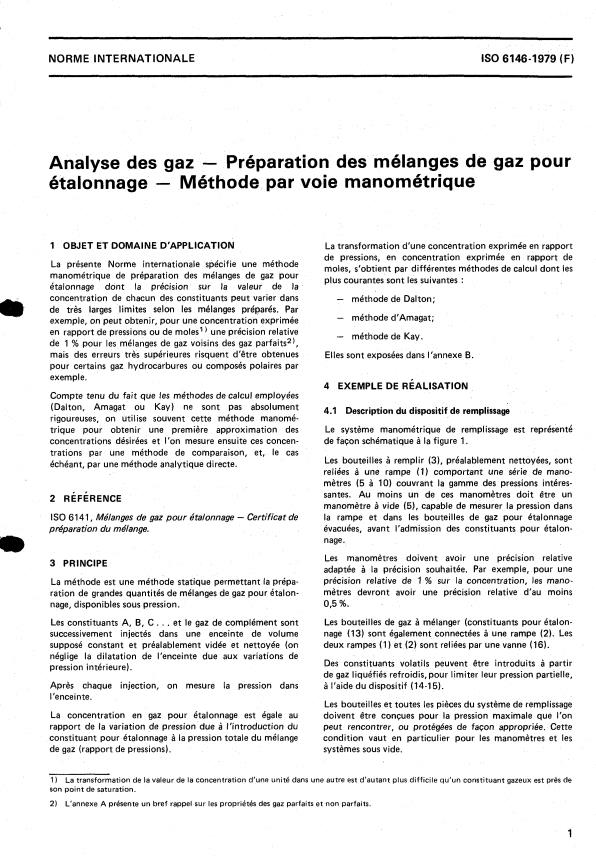ISO 6146:1979 - Analyse des gaz -- Préparation des mélanges de gaz pour étalonnage -- Méthode par voie manométrique