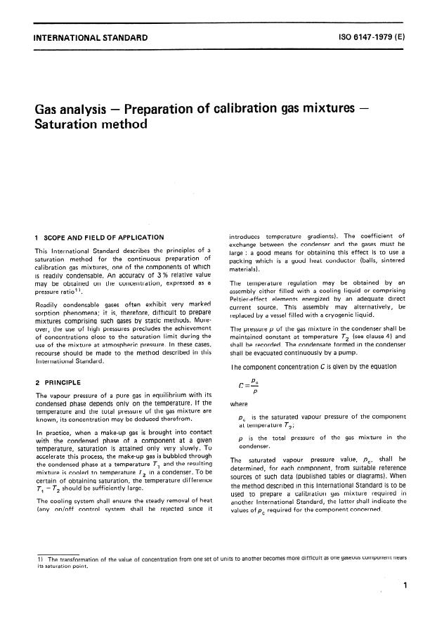 ISO 6147:1979 - Gas analysis -- Preparation of calibration gas mixtures -- Saturation method