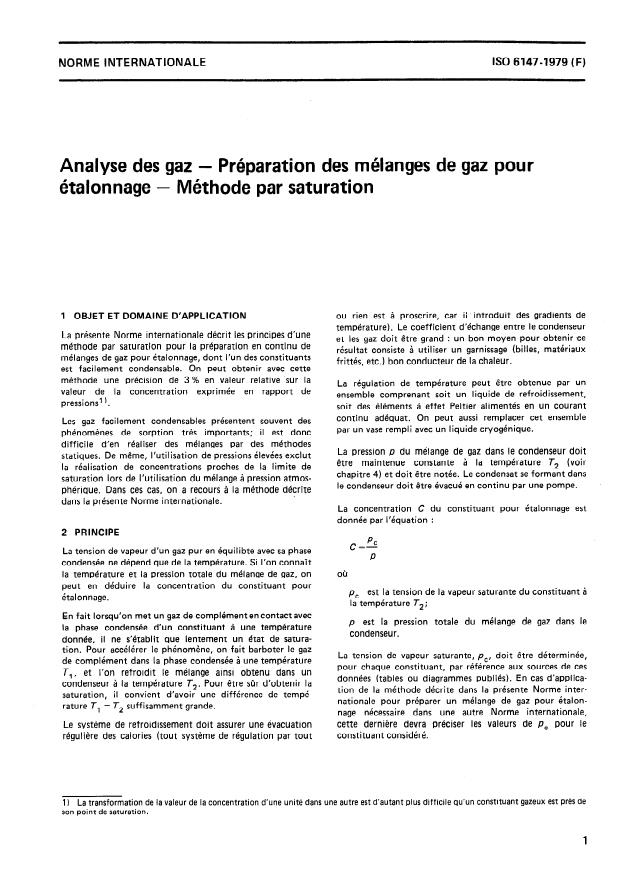 ISO 6147:1979 - Analyse des gaz -- Préparation des mélanges de gaz pour étalonnage -- Méthode par saturation