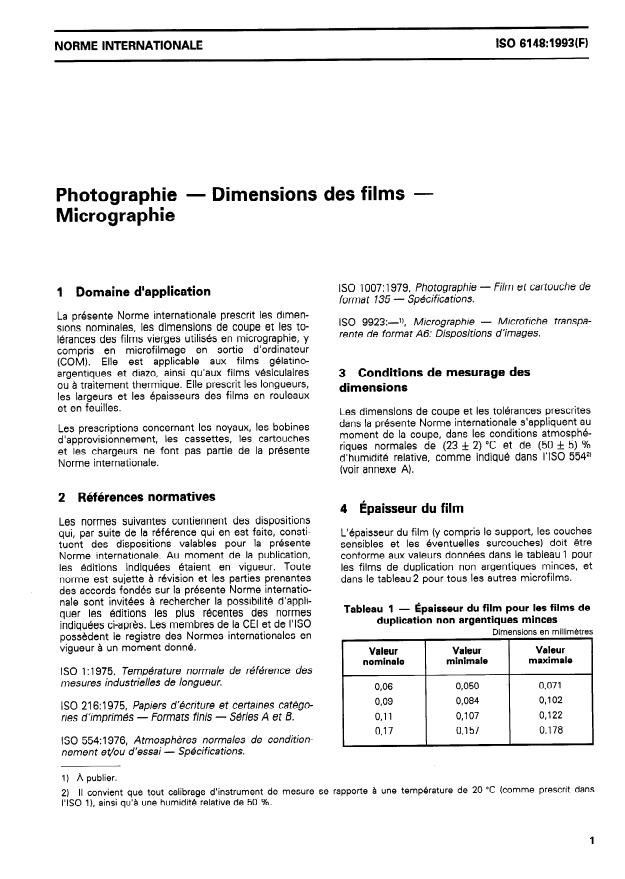 ISO 6148:1993 - Photographie -- Dimensions des films -- Micrographie