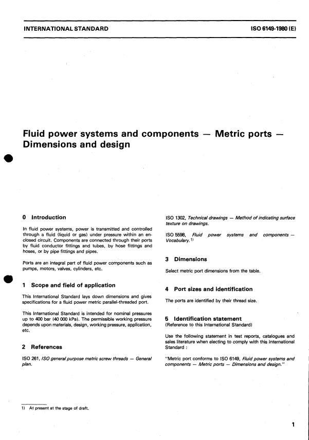 ISO 6149:1980 - Fluid power systems and components -- Metric ports -- Dimensions and design