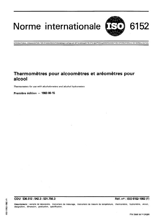 ISO 6152:1982 - Thermometres pour alcoometres et aréometres pour alcool
