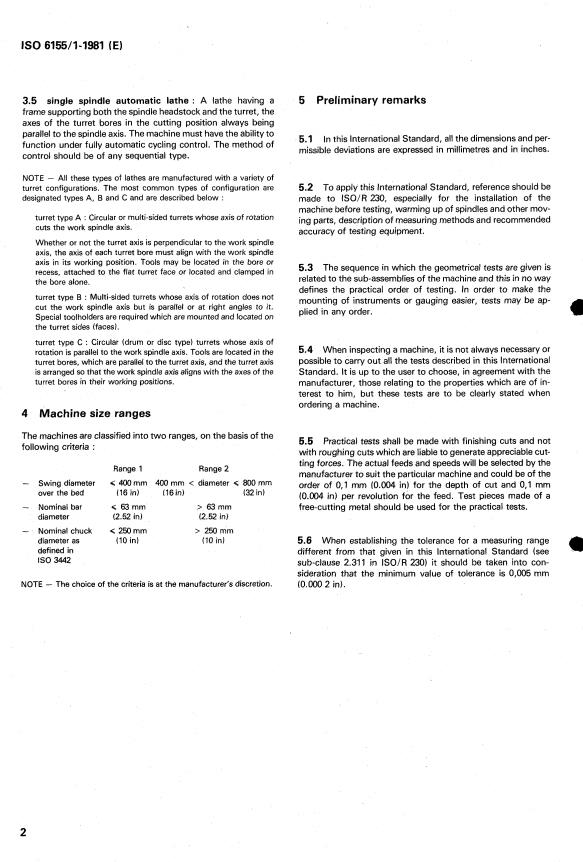 ISO 6155-1:1981 ISO 6155-1:1981 - Acceptance conditions for horizontal spindle capstan, turret and single spindle automatic lathes -- Testing of the accuracy - Page 4 preview