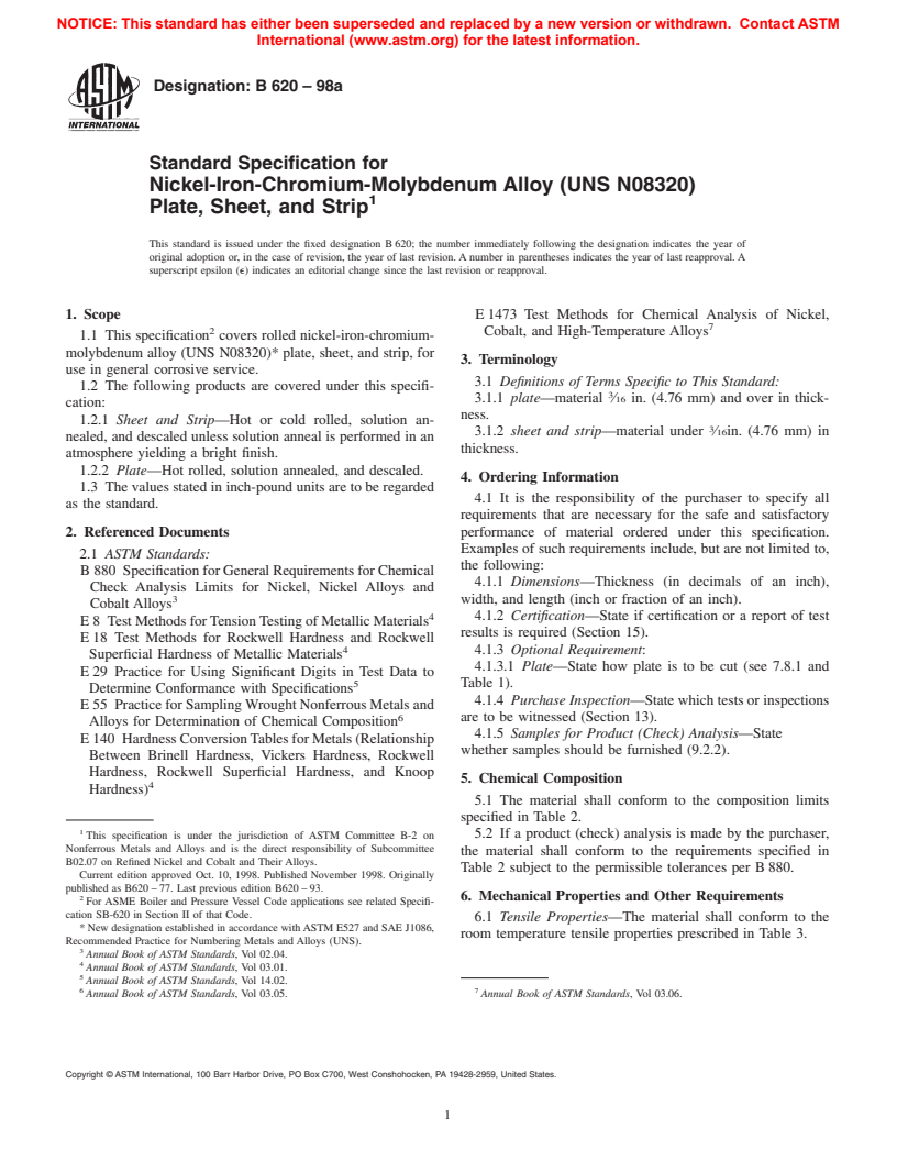 ASTM B620-98a - Standard Specification for Nickel-Iron-Chromium-Molybdenum Alloy (UNS N08320) Plate, Sheet, and Strip