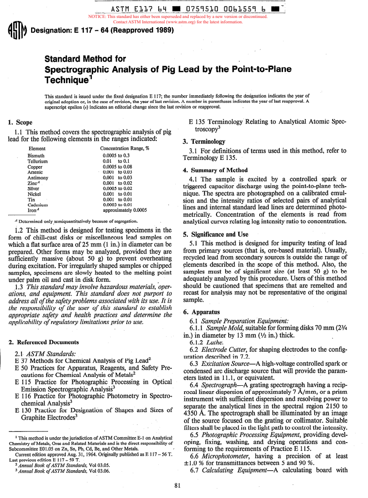 ASTM E117-64 (1989) - Method for Spectrographic Analysis of Pig-Lead by the Point-To-Plane Technique (Withdrawn 1995)