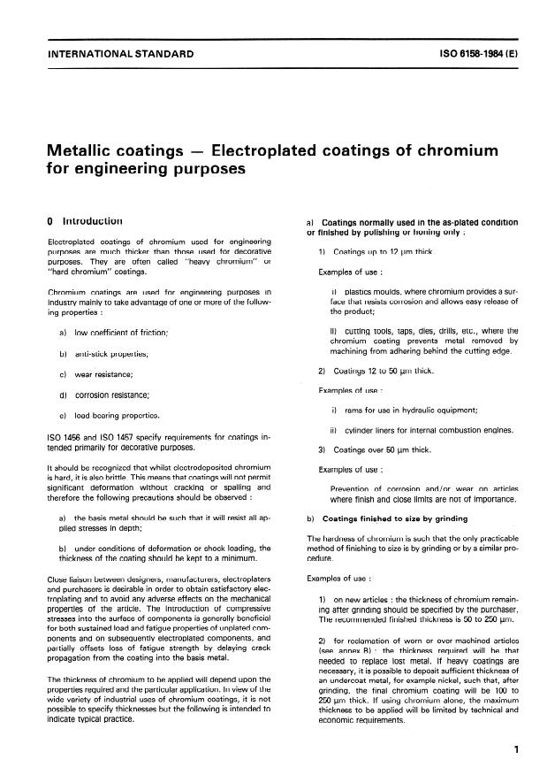 ISO 6158:1984 - Metallic coatings -- Electroplated coatings of chromium for engineering purposes