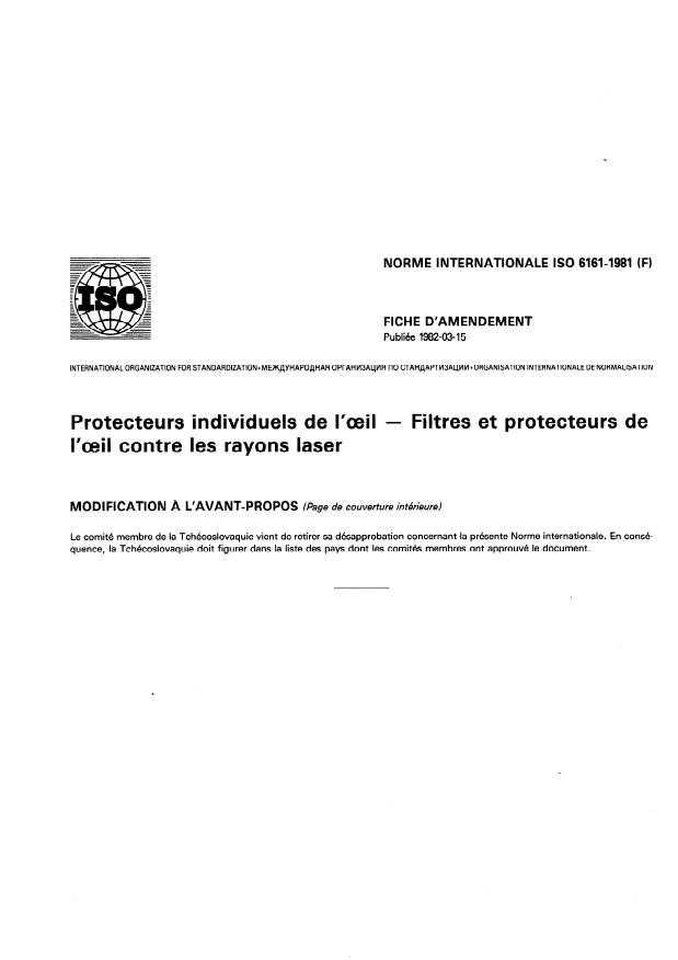 ISO 6161:1981 - Protecteurs individuels de l'oeil -- Filtres et protecteurs de l'oeil contre les rayons laser