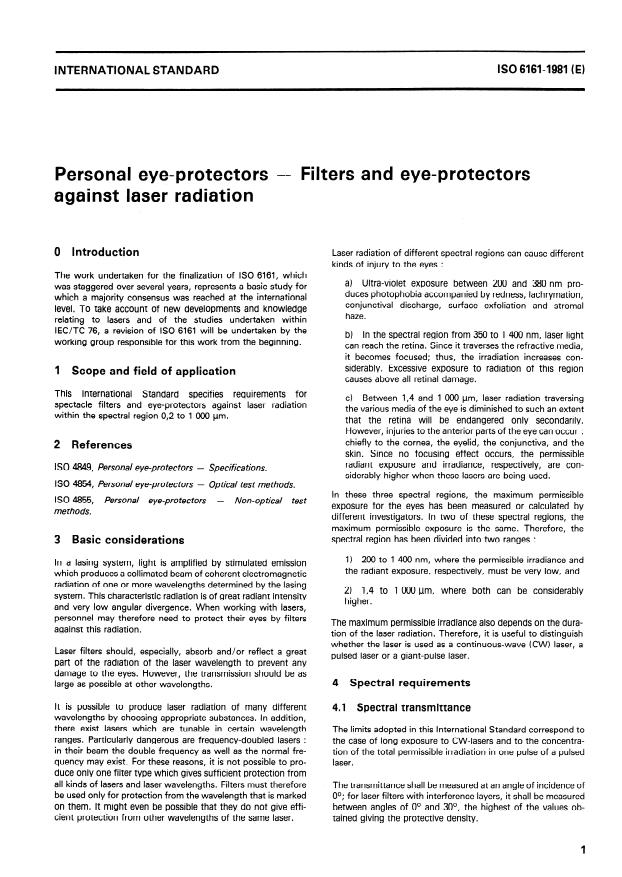 ISO 6161:1981 - Personal eye-protectors -- Filters and eye-protectors against laser radiation