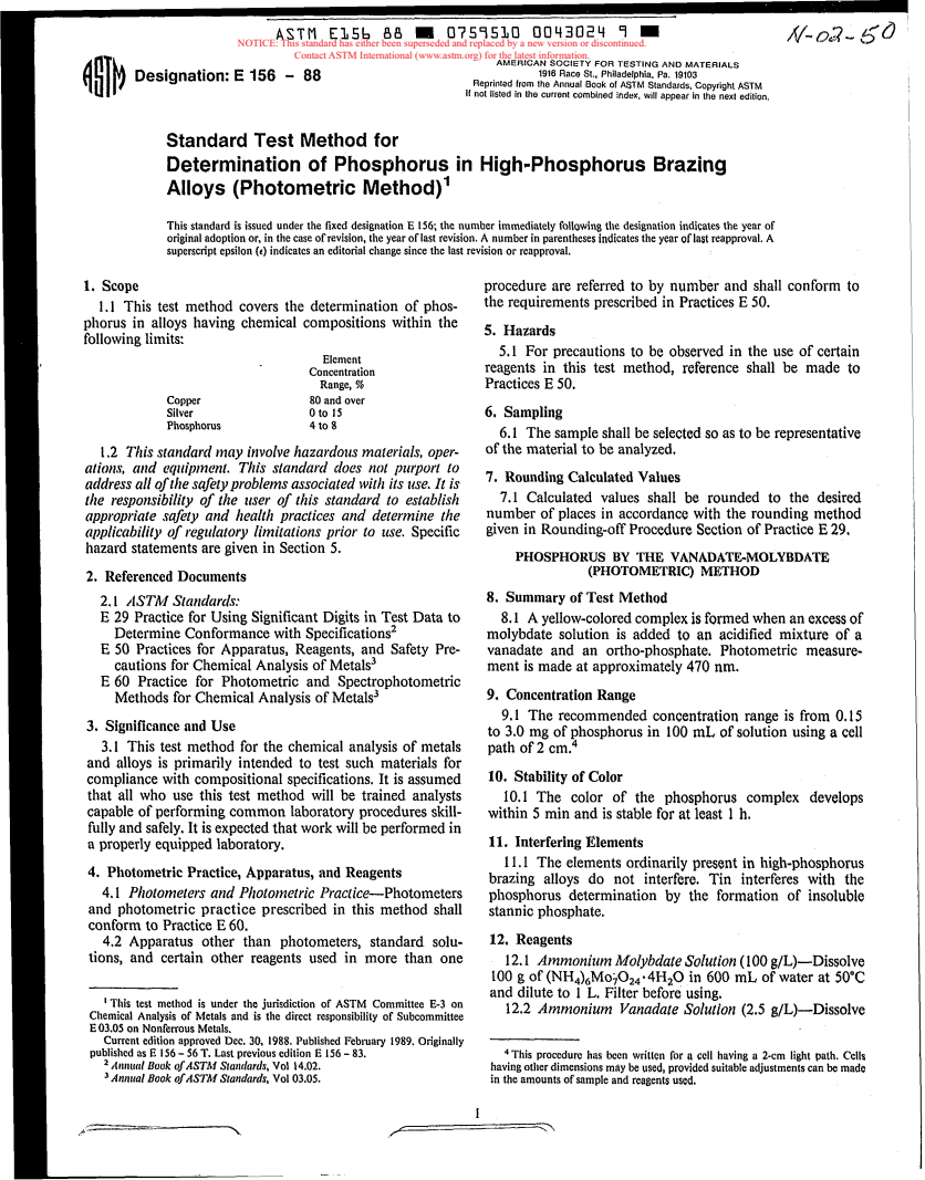 ASTM E156-88 - Method for Determination of Phosphorus in High-Phosphorus Brazing Alloys (Photometric Method) (Withdrawn 1993)