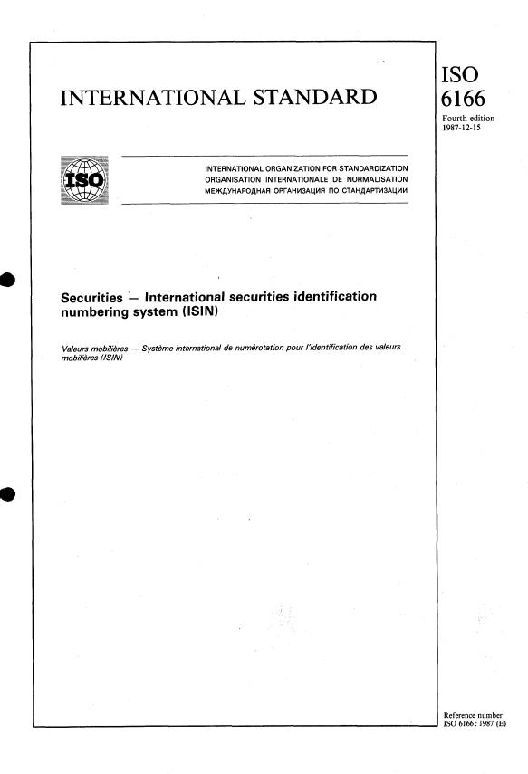 ISO 6166:1987 - Securities -- International securities identification numbering system (ISIN)