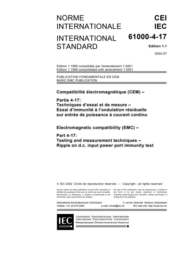 IEC 61000-4-17:1999+AMD1:2001 CSV - Electromagnetic compatibility (EMC) - Part 4-17: Testing and measurement techniques - Ripple on d.c. input power port immunity test