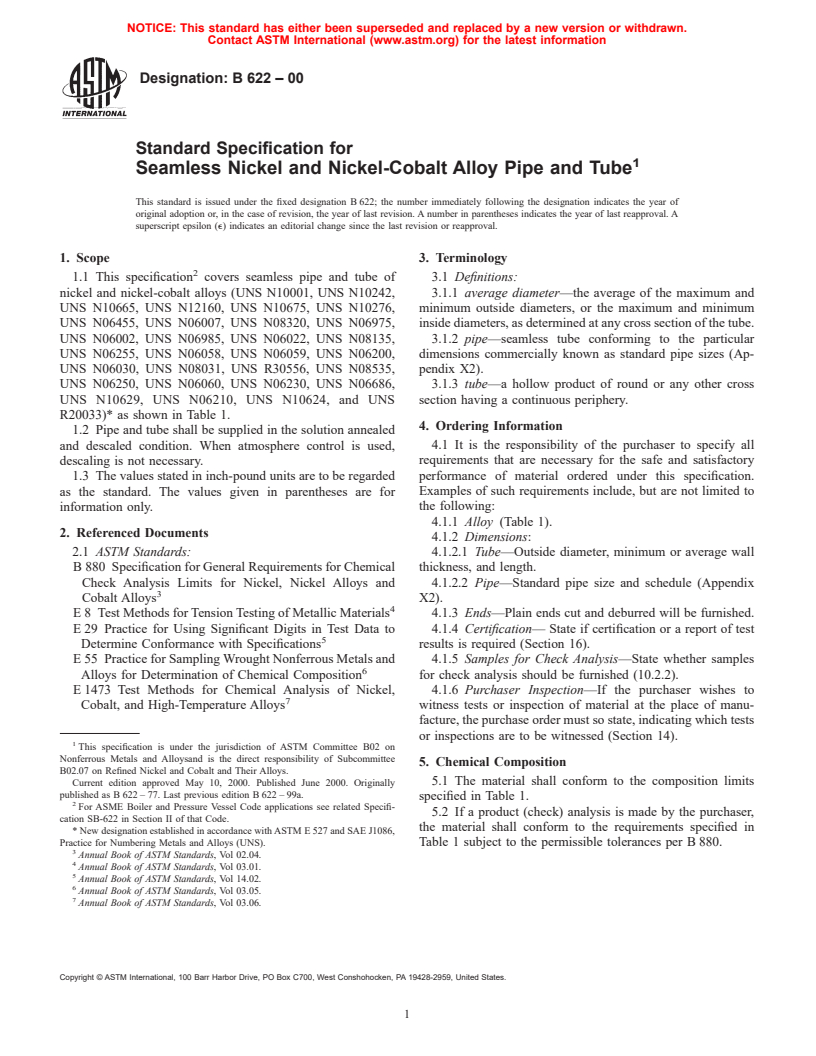 ASTM B622-00 - Standard Specification for Seamless Nickel and Nickel-Cobalt Alloy Pipe and Tube