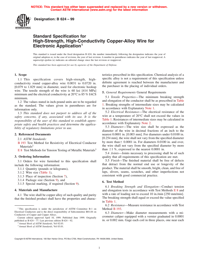 ASTM B624-99 - Standard Specification for High-Strength, High-Conductivity Copper-Alloy Wire for Electronic Application