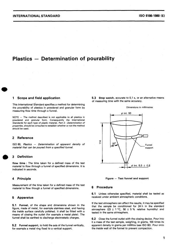 ISO 6186:1980 - Plastics -- Determination of pourability