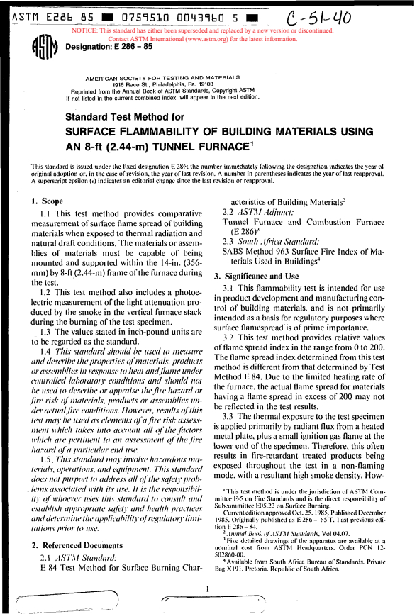 ASTM E286-85 - Method of Test for Surface Flammability of Building Materials Using an 8-Ft. (2.44-M) Tunnel Furnace (Withdrawn 1991)