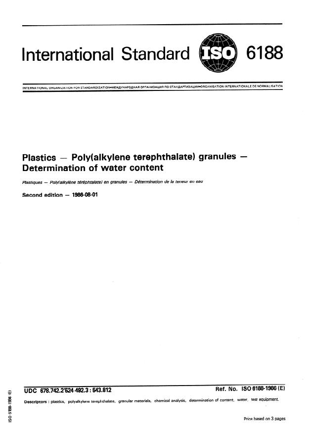 ISO 6188:1986 - Plastics -- Poly(alkylene terephthalate) granules -- Determination of water content