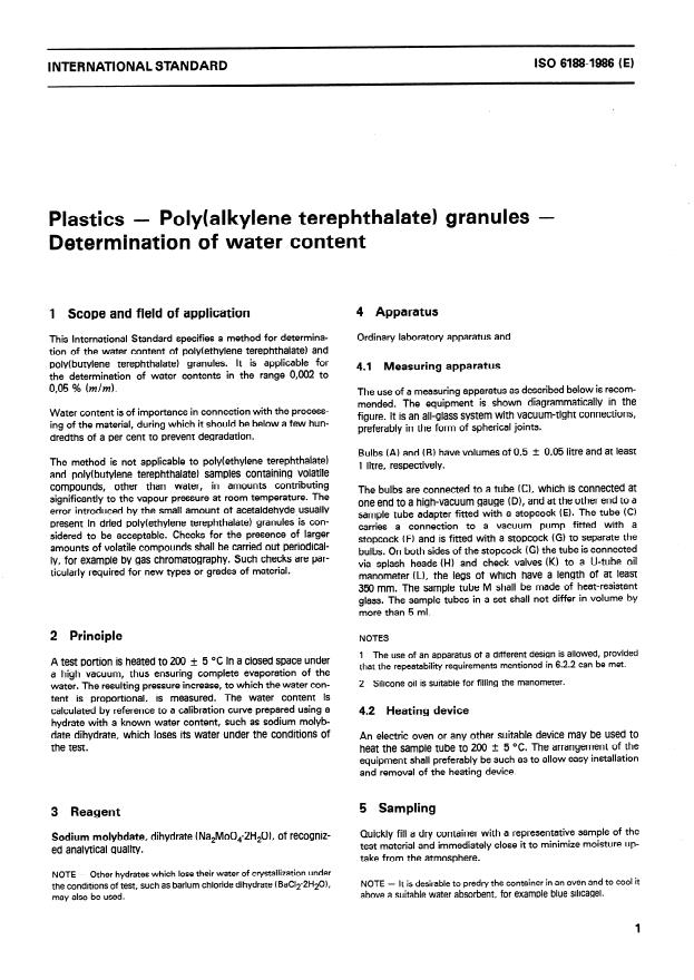 ISO 6188:1986 - Plastics -- Poly(alkylene terephthalate) granules -- Determination of water content