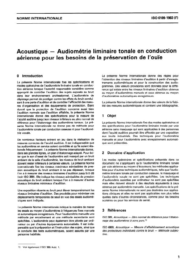 ISO 6189:1983 - Acoustique -- Audiométrie liminaire tonale en conduction aérienne pour les besoins de la préservation de l'ouie