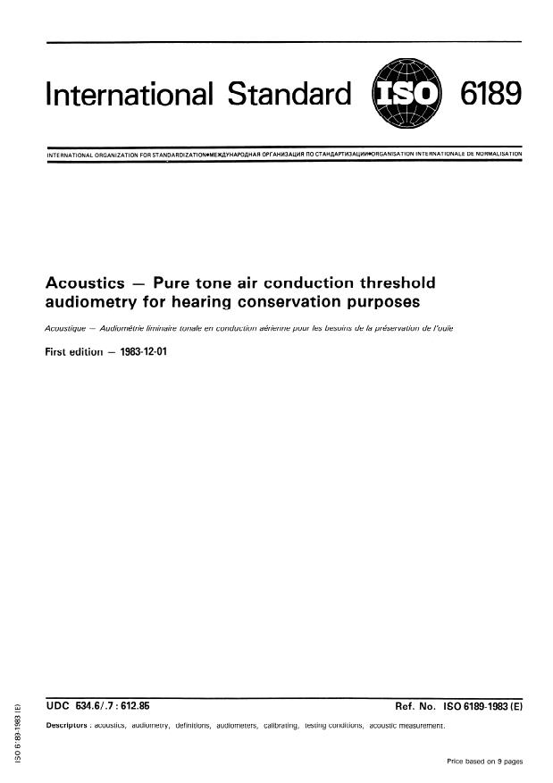 ISO 6189:1983 - Acoustics -- Pure tone air conduction threshold audiometry for hearing conservation purposes